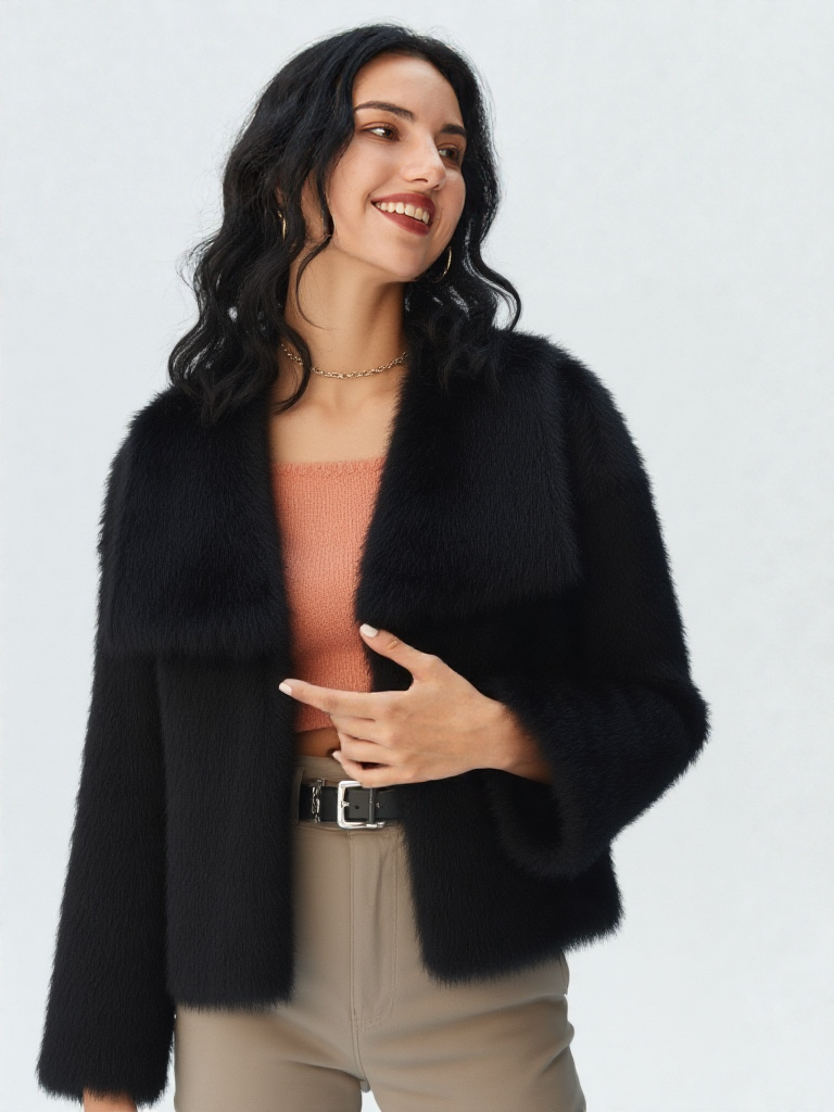 Women's faux fur coat with large lapel